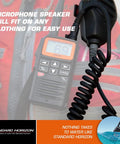 STD-CMP460 Speaker Mic clipped onto a backpack with coiled cable, showing its rugged design for VHF radios and clear audio use.