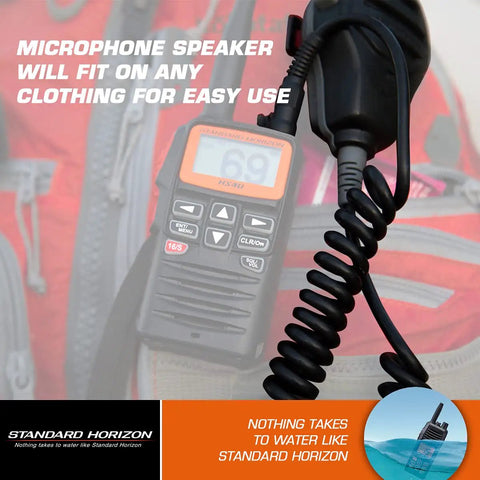STD-CMP460 Speaker Mic clipped onto a backpack with coiled cable, showing its rugged design for VHF radios and clear audio use.