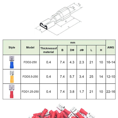200Pcs Red Vinyl Insulated Female Spade Wire Connectors For DIY Auto Wiring 22-16 AWG 6.3mm 1/4 Inch Quick Disconnect Terminals Electrical Crimp Connectors With Flame Retardant PVC Insulation size chart and red crimp terminal kit