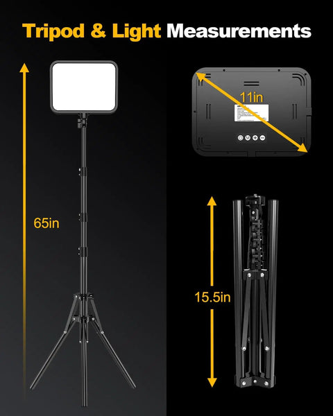 Two Pack LED Video Light Kit With Dimmable 3000K To 6500K Color Temperature, 11 Inch Panels, 2000 Lumens shown with measurements