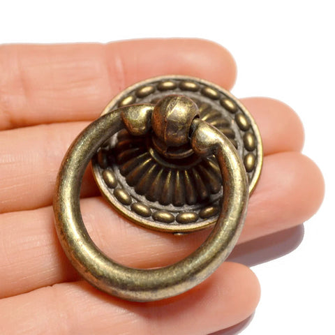 8-Piece Bronze Drawer Ring Pulls Set With Screws For Dresser Cabinet Wardrobe Chest Closet Vintage Decorative Hardware Antique Copper Finish 1-1/2 Inch Length 2 Inch Height Disk 1-1/4 Inch Ring 1-1/2 Inch close-up