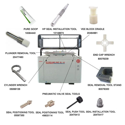 Screamline SL-VI waterjet cutting tools including heavy duty waterjet sealing head spare part, valve seat, and installation accessories.