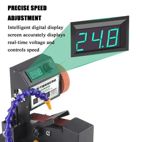 Electric Belt Sander Drill Chuck Adapter Grinder Machine With One Click Adjustment For Knife Sharpening Polishing Wood Stone Plastic Acrylic 0.6-6mm Quick Change Collet System displaying precise speed settings on digital screen.