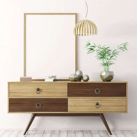 Mid-century dresser with decorative mini knobs, featuring Antique Bronze Cabinet Pull Handles 8 Pack for Kitchen Wardrobe, single-hole design.