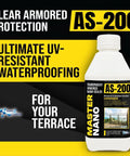 Heavy Duty Invisible Waterproof Sealant With Tough As Nails Nano Shield For Concrete Tile Marble And Masonry 250ml bottle on black background.