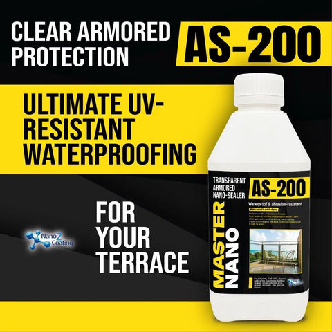 Kickass Invisible Nano Coating For Stone Concrete Tile And Terrace Roofs Waterproof Breathable Barrier With Legit Scratch Resistant Armor Guard Protects Surfaces Against Weather And Daily Wear 17 Oz bottle labeled AS-200 for UV-resistant waterproofing.