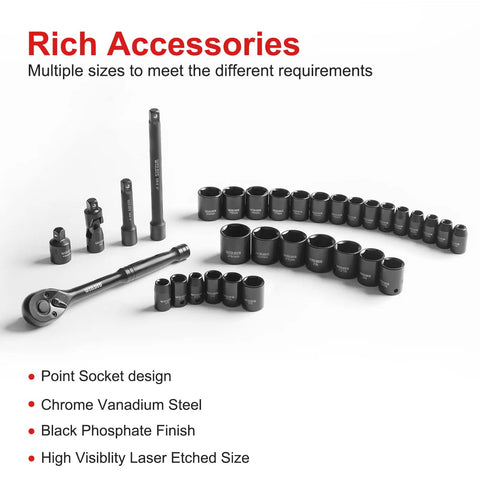 Impact Socket Set 33 Piece Three Eighths Inch Drive With Seventy Two Tooth Reversible Ratchet Wrench Pro Grade CR V Six Point SAE.