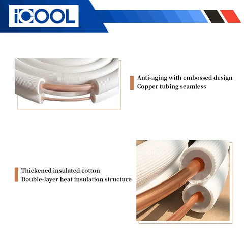 25 Ft Mini Split Line Set With Copper Pipes In One Quarter Inch And One Half Inch Outer Diameter And Three Eighths Inch Thickened PE Insulated Coil Copper Pipes For Air Conditioning HVAC Refrigeration And Heating Equipment Includes Fittings White showing detailed copper tubing and thickened insulation
