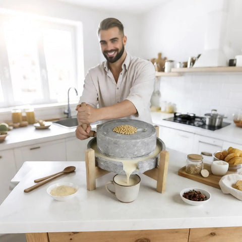 Man using Rock Solid Manual Granite Stone Grain Mill With Wooden Base And Hand Crank Heavy Duty Grinder For Home Use in kitchen