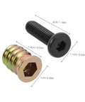 Wood Furniture Threaded Inserts Kit With Bolts Nuts Wrenches And Drill Bit detail of bolt and insert with dimensions
