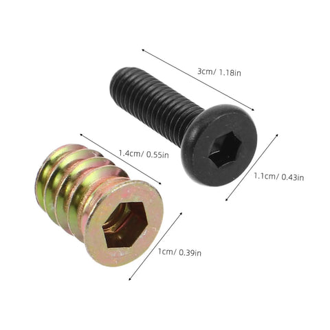 Wood Furniture Threaded Inserts Kit With Bolts Nuts Wrenches And Drill Bit detail of bolt and insert with dimensions