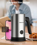4 In 1 Electric Milk Frother For Barista Grade Foam And Milk Warmer With Temperature Control Makes Cold Foam Or Warm Foam And Hot Milk For Lattes, Cappuccinos, Macchiatos, compact size beside phone for comparison, silver.
