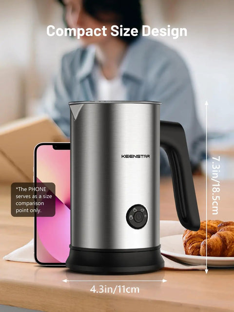 4 In 1 Electric Milk Frother For Barista Grade Foam And Milk Warmer With Temperature Control Makes Cold Foam Or Warm Foam And Hot Milk For Lattes, Cappuccinos, Macchiatos, compact size beside phone for comparison, silver.