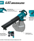 Diagram showing components of the 3-In-1 Cordless Leaf Blower Vacuum Mulcher, 18V LXT Brushless Tool Only with various features.