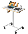 Mobile Standing Desk On Wheels For Home Office Adjustable Height Rolling Laptop Cart With Cup Holder 28 Inch Portable Table White Computer Workstation With Hooks Slots And 4 Lockable Wheels