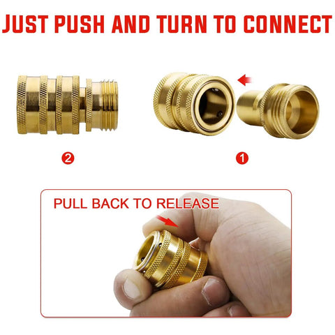 Close-up of brass Heavy Duty Garden Hose Quick Connect Fittings Set For Three Quarter Inch Hoses, showing push and turn action.
