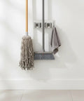 Space Saving Mop And Broom Holder Organizer In Gray For Cleaning Tools Wall Mount Vertical Stainless Steel Utility Rack displayed