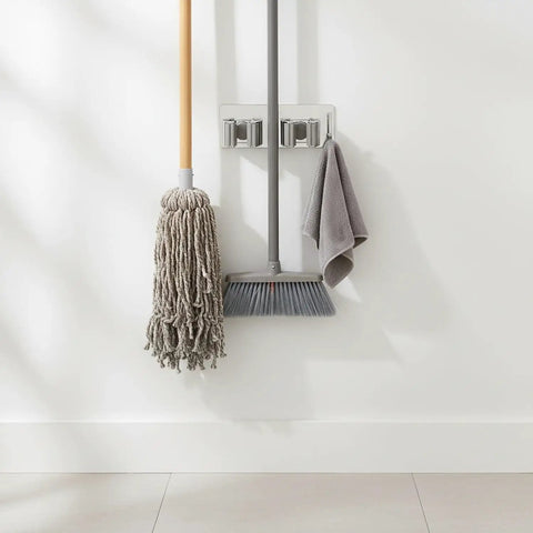 Space Saving Mop And Broom Holder Organizer In Gray For Cleaning Tools Wall Mount Vertical Stainless Steel Utility Rack displayed