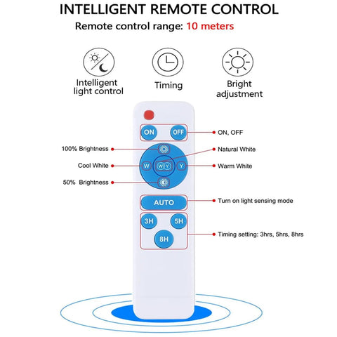 Remote control for Solar Shed Light With Dimmable Remote Control 1000 Lumen LED, showing brightness and color settings.