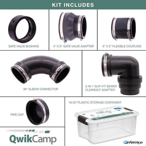 RV Sewer Connection Kit With Slip Fit Coupling Adapter For 3 Inch PVC Pipe, Leakproof Waste Plumbing System For Campers And Travel Trailers, Easy Install, Durable Black Connector Set For On The Go components including gate valve bushing, adapters, elbow connector, pipe cap, storage container.