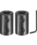 Two beefy rigid shaft coupling with set screws five eighths inch bore one and a quarter inch outside diameter two inch length black oxide steel hex wrench included two screws per piece great for 3D printer motors and wheel attachments with hex wrench on white background