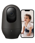 2K Baby Monitor With AI Motion Tracking Two Way Audio WiFi Indoor Camera shown beside a smartphone displaying a child crawling.