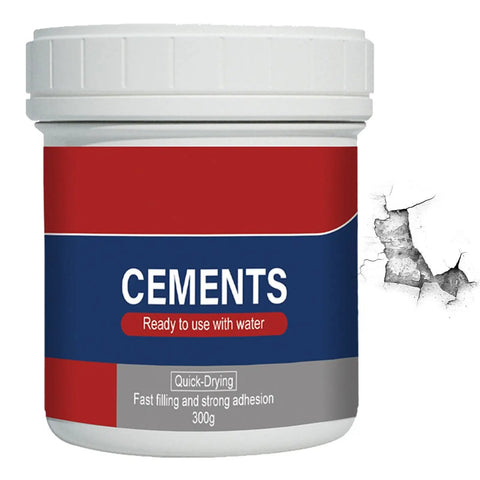 Heavy Duty Cement Patch To Fix Cracks Waterproof Flexible Concrete Repair Formula For Sidewalks Garage Floors And Foundations Delivering A Smooth Durable Finish With Zero Sweat Or Stress in a 300g container with crack nearby.