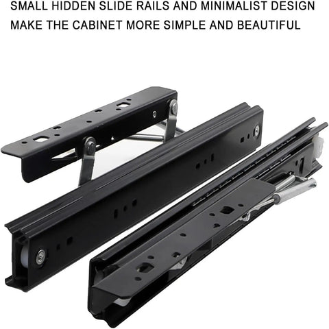 Beefy Heavy Duty Concealed Soft Close Lift Table Drawer Slides Side Mount Black Cold Rolled Steel 9.9in Long 1.87in Wide 2.02in High