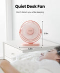 Must Have USB Desk Fan Pink Five Point Five Inch Mini Portable Quiet Personal Desktop Cooler On nightstand near person sleeping