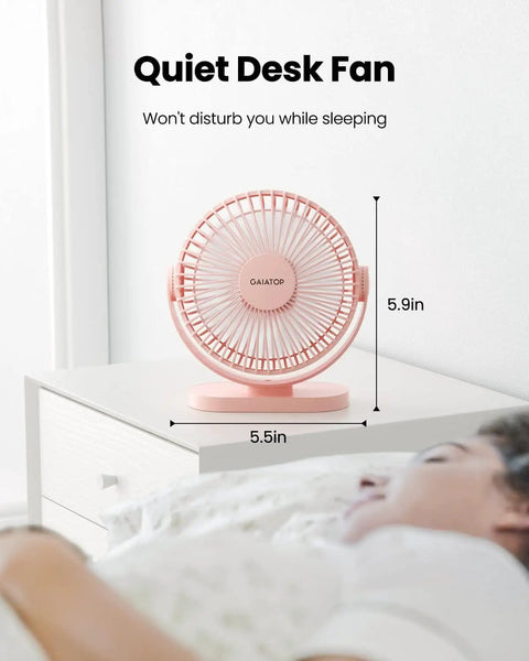 Must Have USB Desk Fan Pink Five Point Five Inch Mini Portable Quiet Personal Desktop Cooler On nightstand near person sleeping