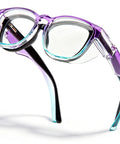 Kickass Anti Fog Safety Glasses That Fit Over Prescription Eyewear For Women Hella Comfortable Knockout Eye Protection Legit Ansi Z87 Certified Wraparound Shield Cyber Violet in angled view, showing flexible TR90 frame.