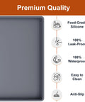 Leakproof Silicone Mat With Raised Edge Extra Thick Under Sink Mat For Kitchen And Bathroom Waterproof Cabinet Liner No Mess Spill Proof Multi Purpose Storage And Protection BPA Free Food Grade 34 By 22 Inch Gray promotion displaying qualities in infographic style.