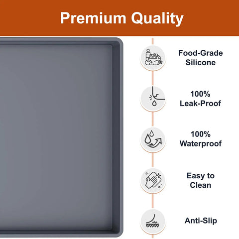 Leakproof Silicone Mat With Raised Edge Extra Thick Under Sink Mat For Kitchen And Bathroom Waterproof Cabinet Liner No Mess Spill Proof Multi Purpose Storage And Protection BPA Free Food Grade 34 By 22 Inch Gray promotion displaying qualities in infographic style.