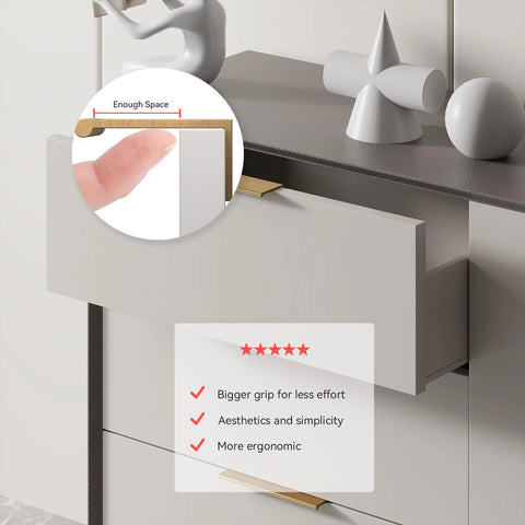 Champagne Bronze Edge Finger Pull Cabinet Handles 5 Inch Center 128mm installed on a white dresser showcasing ergonomic grip