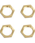 Pro Grade Brass Hex Lock Nut, 3/8 Inch NPT Female Pipe Thread Fitting, 4 Pack Plumbing And Water Line Connectors For Garden Hoses, showing four brass hex nuts from above.