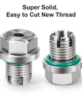 Two stainless steel oil drain plugs (M16.1-1.5x15mm) with green O-rings for self-tapping oil pan thread repair