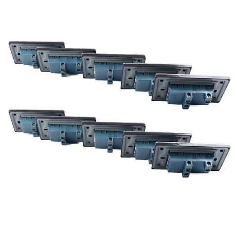 Heavy Duty Stainless Steel Wall Outlet Featuring A Fireproof Electrical Receptacle That Is Totally Badass And Built To Resist Corrosion While Delivering Rock Solid Connections In Each 10 Pack Box, showing 10 outlets in a row.