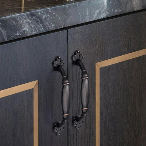Oil Rubbed Bronze Vintage Cabinet Hardware Pulls 5 Inch 128mm Screw Spacing Set installed on kitchen cupboard doors