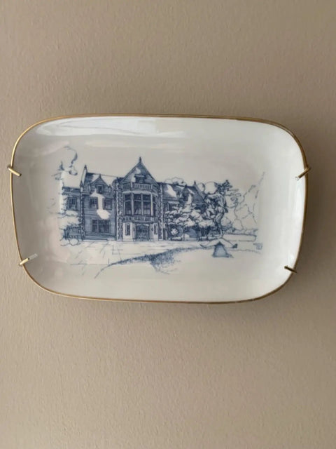 Rectangular platter held by Heavy Duty Polished Brass Plate Hanger For Wall Display With Non Scratch Hooks and Kit