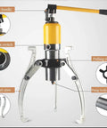 Heavy Duty 50 Ton Hydraulic Bearing Puller And Three Jaw Gear Separator With Seamless Zero Leak Build. Close-up of movable handle and oil return switch.