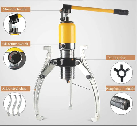 Heavy Duty 50 Ton Hydraulic Bearing Puller And Three Jaw Gear Separator With Seamless Zero Leak Build. Close-up of movable handle and oil return switch.
