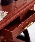 Close-up view of Handcrafted Vintage Sewing Machine Music Box With Wind Up Mechanism Matte Ornament wooden drawer detail