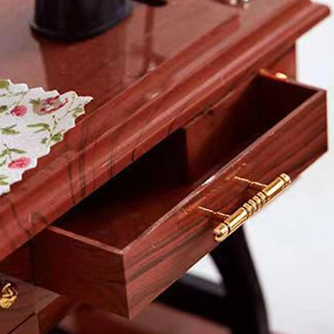 Close-up view of Handcrafted Vintage Sewing Machine Music Box With Wind Up Mechanism Matte Ornament wooden drawer detail