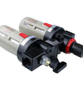Air Compressor FRL Combo With Oil Water Separator Filter Regulator And Lubricator For One Quarter, Three Eighths And One Half Inch Lines, side view