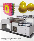 Commercial Automatic Tunnel Shrink Wrapping Machine For Retail Packaging Delivers Kick Ass Heat Sealing Power With Straight Up Smooth Plastic Film Processing with colorful foam puzzle tiles and golden balls.