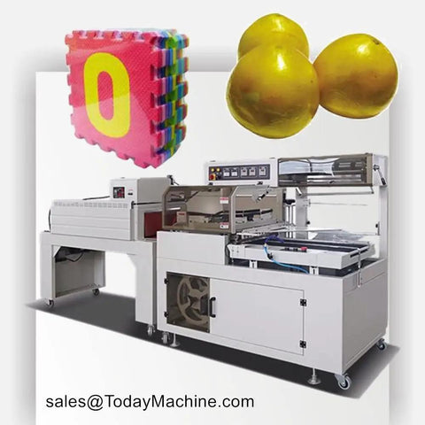 Commercial Automatic Tunnel Shrink Wrapping Machine For Retail Packaging Delivers Kick Ass Heat Sealing Power With Straight Up Smooth Plastic Film Processing with colorful foam puzzle tiles and golden balls.