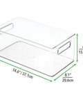 Deep Plastic Storage Organizer Bin For Bath And Shower Neat Stows Shampoo Vitamins Med Supplies And Beauty Tools 2 Pack Clear image, showing dimensions.