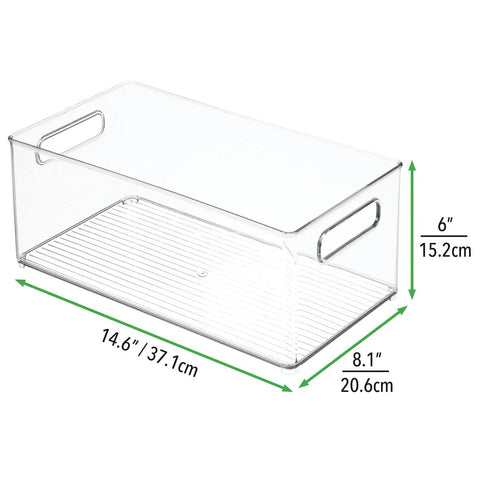 Deep Plastic Storage Organizer Bin For Bath And Shower Neat Stows Shampoo Vitamins Med Supplies And Beauty Tools 2 Pack Clear image, showing dimensions.
