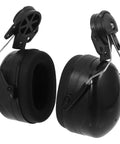 Beefed Up Heavy Duty Safety Hard Hat Earmuffs With Zero Hassle Adjustable Fit And Deep Noise Cancelling Seals For Crews Knocking Out Loud Job Site Projects, black sealed cups in profile view.