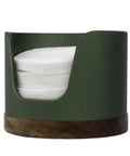 Slick Swivel Coffee Filter Paper Holder And Brewing Tool Caddy with dark green metal and wood, holding coffee filter papers.